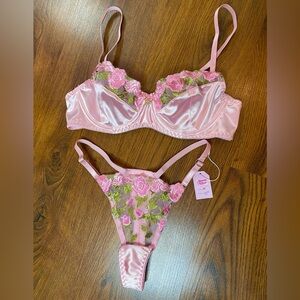 🎀🌷 Ethereal Pink Satin & Sheer Floral Embroidery Lace 2 Pc Lingerie Set 🌷🎀 NWT